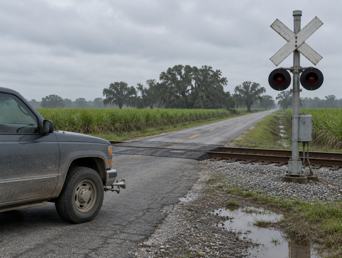 A dusty pickup truck stopped at a rural Louisiana railroad crossing with a crossbuck and signal mast beside cane fields.