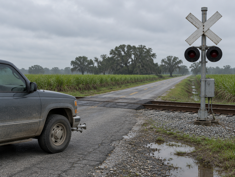 A dusty pickup truck stopped at a rural Louisiana railroad crossing with a crossbuck and signal mast beside cane fields.