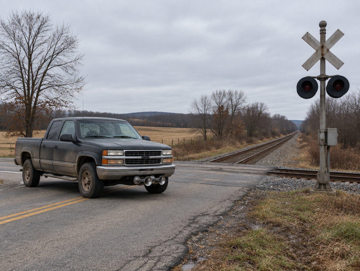 A dusty pickup truck with chrome air horns under its bumper waits at a rural level crossing on an overcast day.