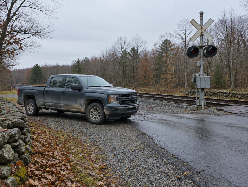 A pickup truck parked on a gravel shoulder beside a rural level crossing with a crossbuck on an overcast day.