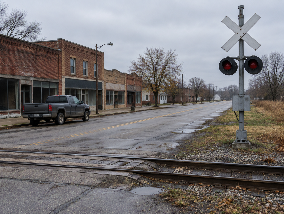 A dark pickup truck parked on a quiet town street near a railroad crossing with a crossbuck and signal mast.