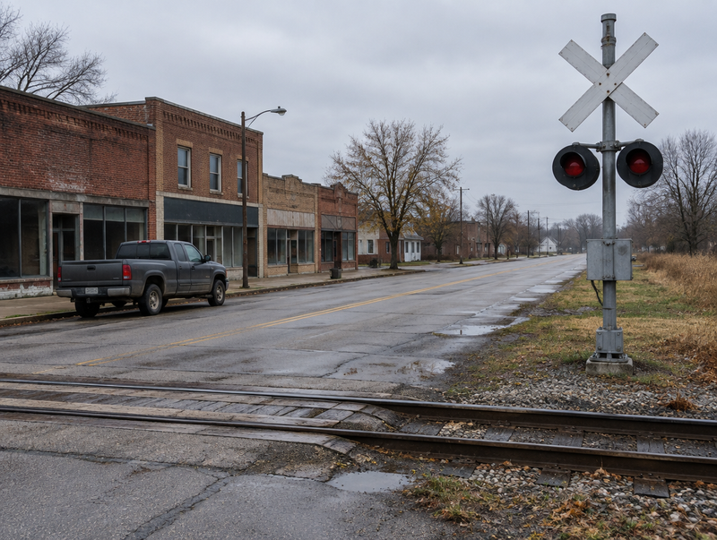 A dark pickup truck parked on a quiet town street near a railroad crossing with a crossbuck and signal mast.