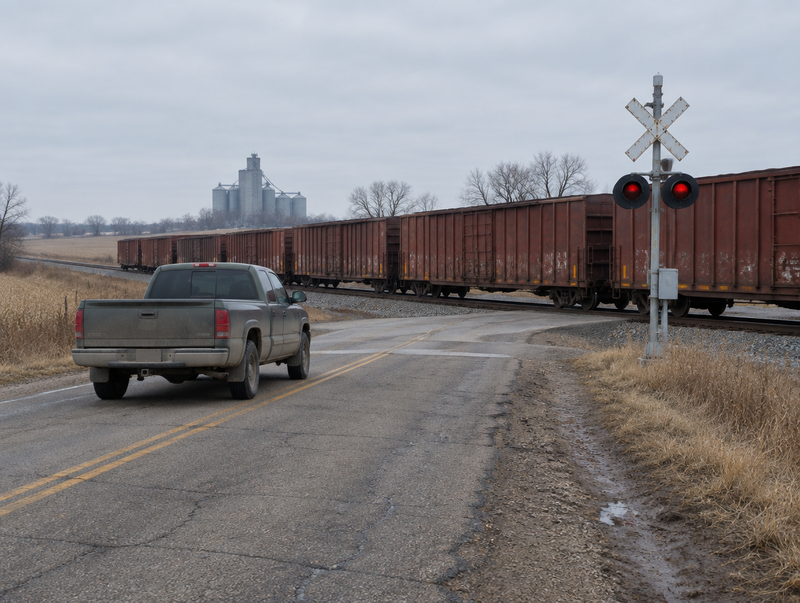 A dusty pickup truck stopped at a rural level crossing as a line of rusty freight boxcars rolls past on a grey day.