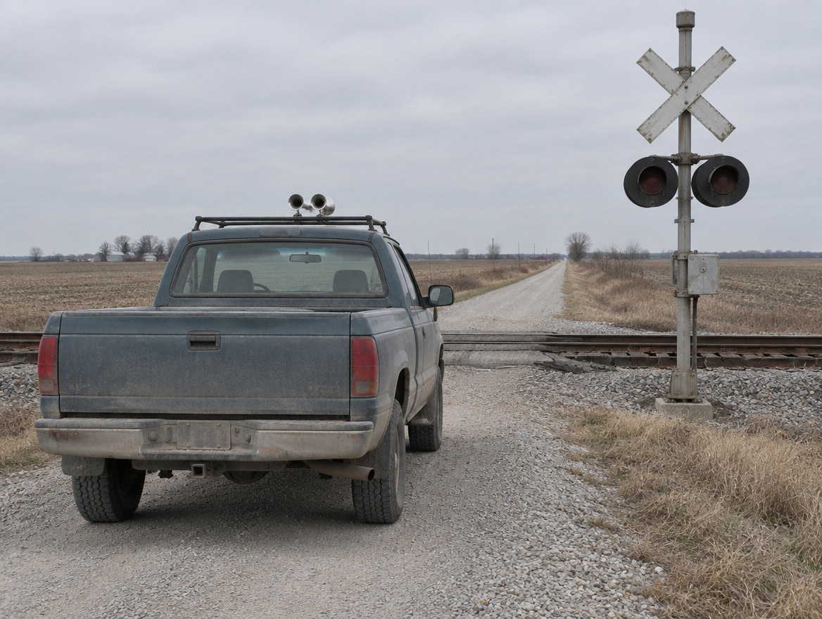 Pickup truck with roof-mounted air horns stopped before a rural level crossing with crossbuck and signal mast.