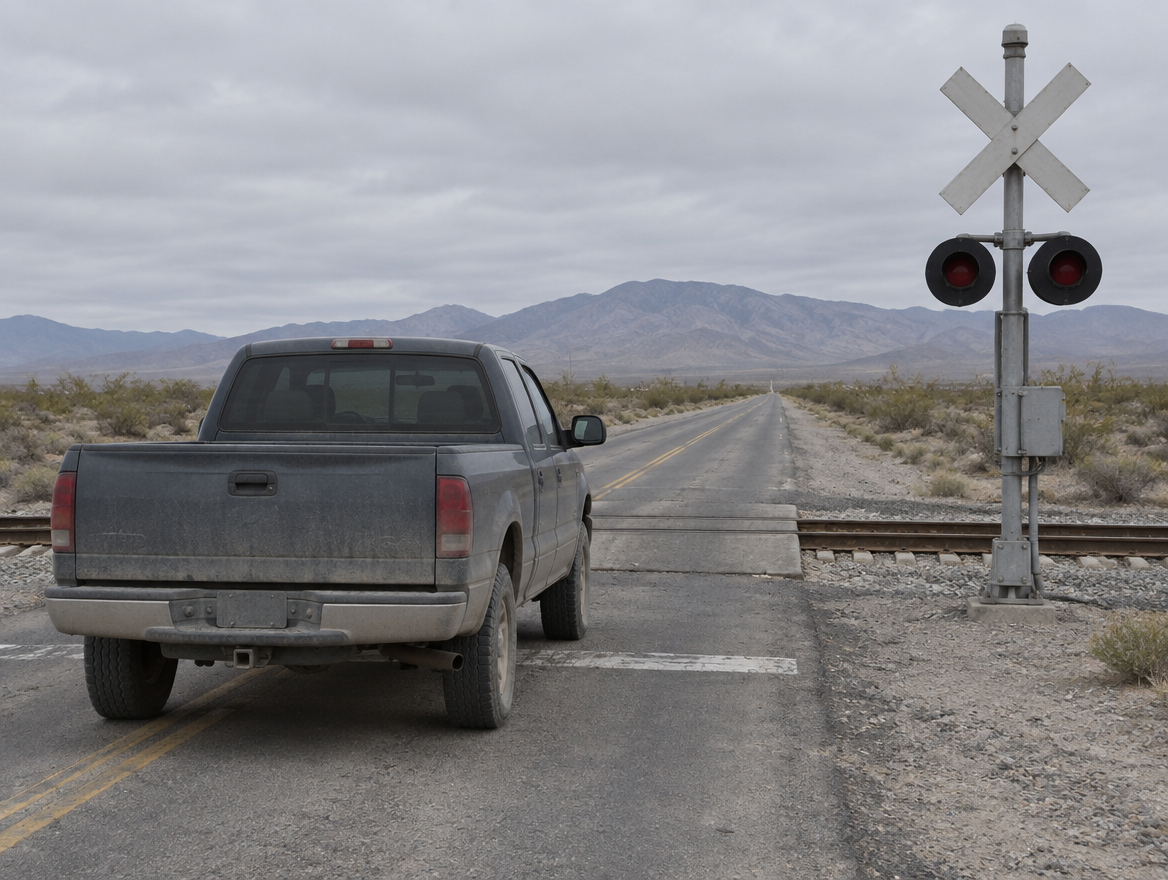 A dusty pickup truck stopped at a desert level crossing with a crossbuck, signal mast and rails under overcast sky.