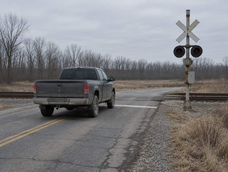 A dusty pickup truck stopped at a rural level crossing with a crossbuck, signal mast and worn rails on an overcast day.