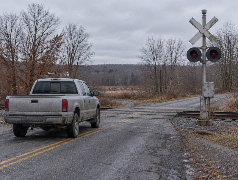 A pickup truck with a roof-mounted air horn waits at a rural level crossing with a crossbuck and signal mast.