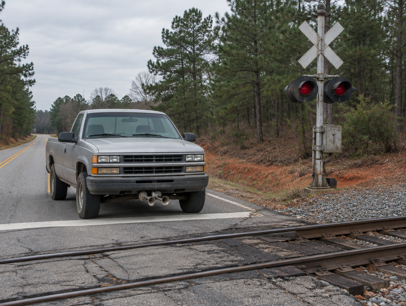 A pickup truck with chrome trumpet air horns waits at a rural level crossing with a crossbuck and signal mast.