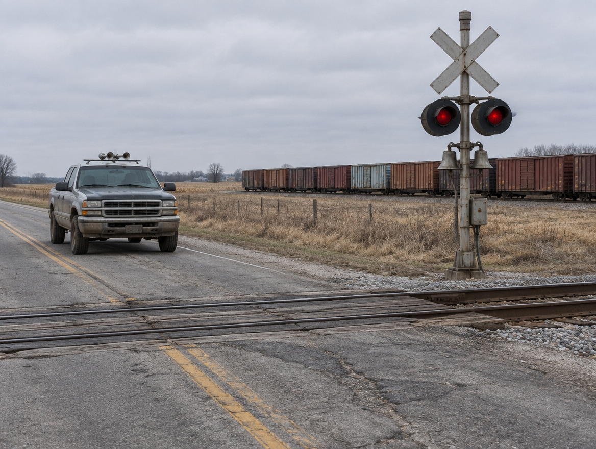 A pickup truck with a roof-mounted air horn waits at a rural level crossing with a crossbuck and signal mast.