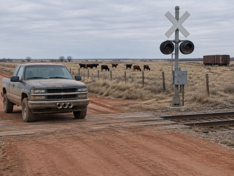 A dusty pickup with chrome air horns waits at a rural railroad crossing next to a cattle pasture and barbed-wire fence.