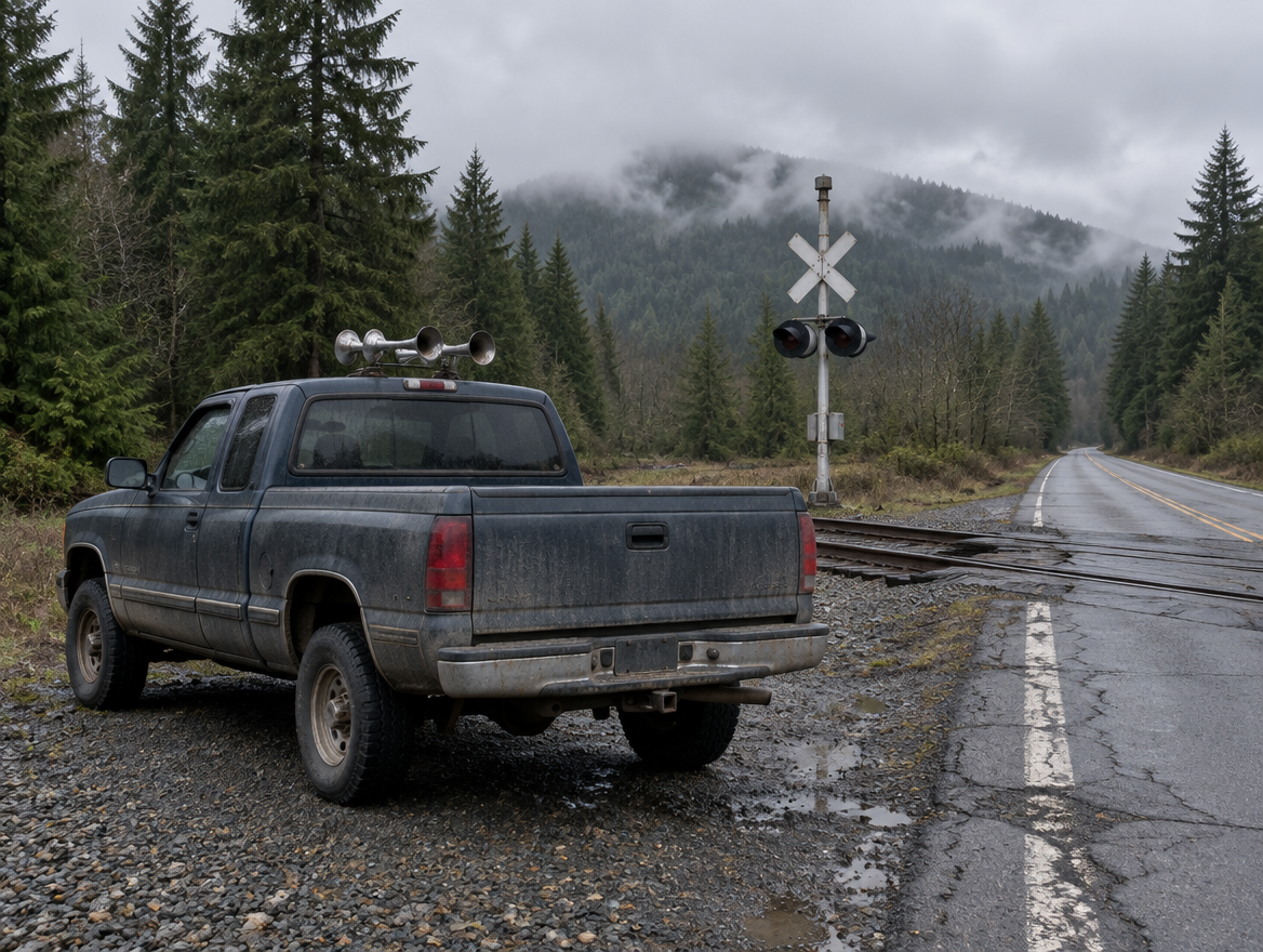 Dusty pickup with roof-mounted air horns parked near a rural Oregon railway crossing under grey skies.