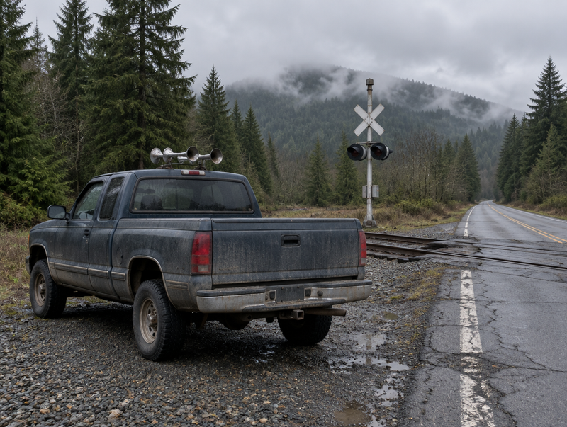 Dusty pickup with roof-mounted air horns parked near a rural Oregon railway crossing under grey skies.