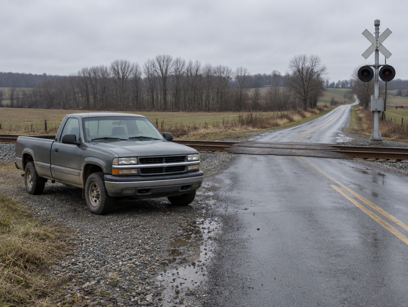 A pickup truck parked on a gravel shoulder near a rural level crossing with a crossbuck and signal mast on an overcast day