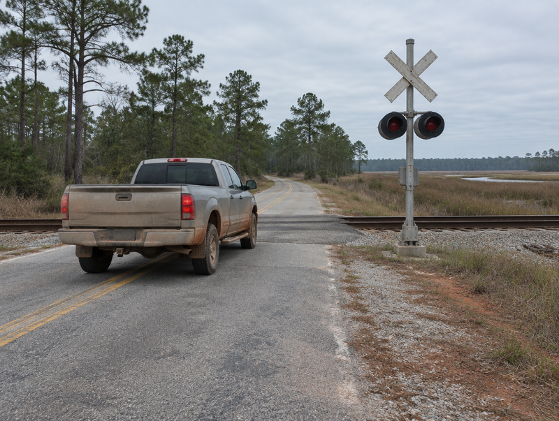 A dusty pickup truck stopped at a rural railway level crossing with a crossbuck and signal mast under an overcast sky.