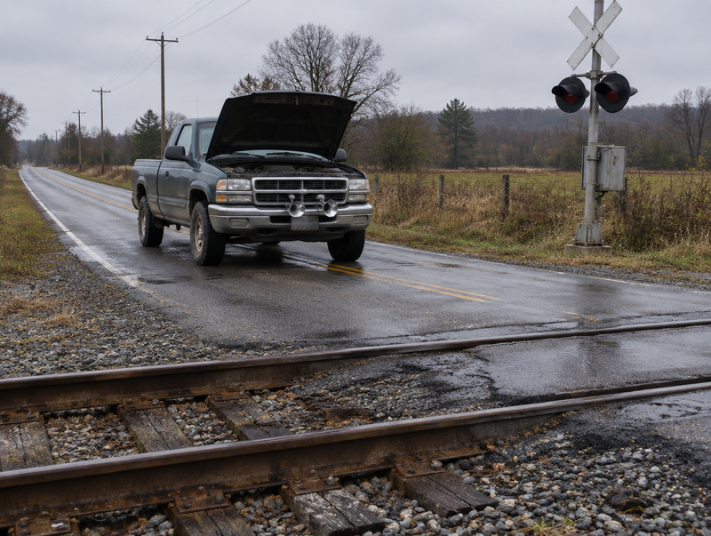 A pickup truck with its hood open waits at a rural railroad crossing with a crossbuck and signal mast on an overcast day.
