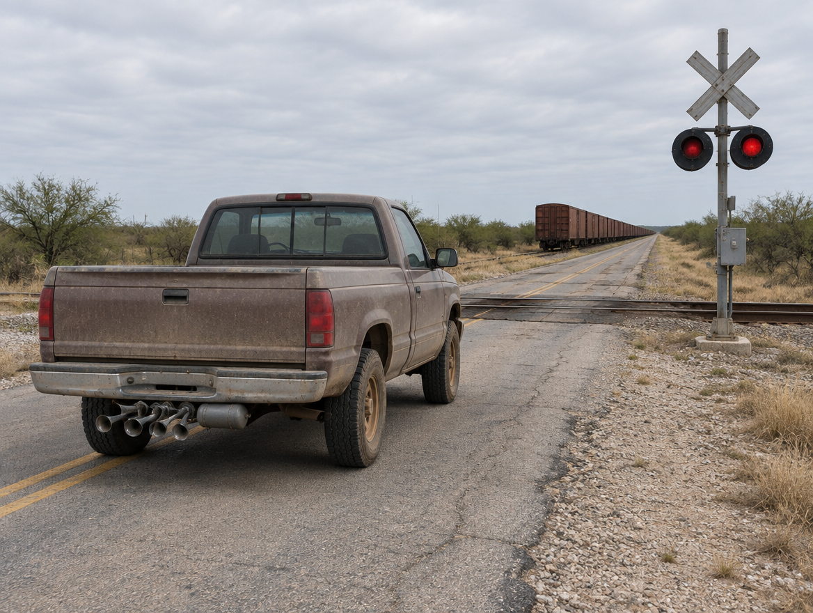 A dusty pickup with trumpet air horns under its bumper waits at a rural Texas level crossing as a freight train approaches.