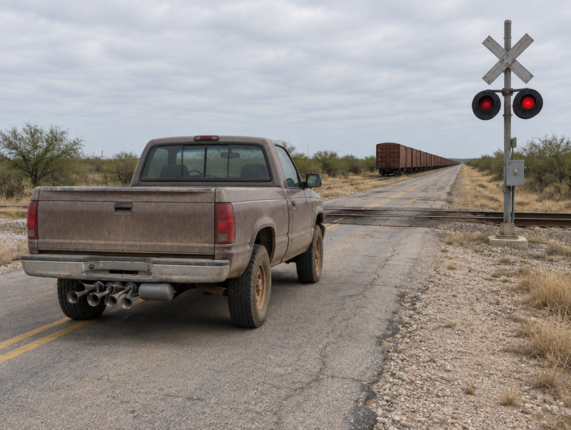 A dusty pickup with trumpet air horns under its bumper waits at a rural Texas level crossing as a freight train approaches.