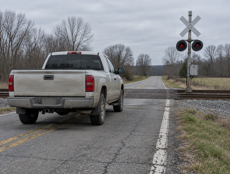 A dusty pickup truck waits at a rural level crossing with a crossbuck, signal mast and worn rails on an overcast day.