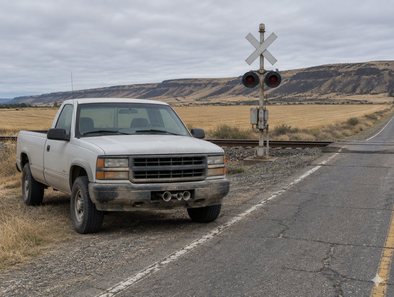 A dusty pickup truck parked on a gravel shoulder beside a rural level crossing with a crossbuck under an overcast sky.