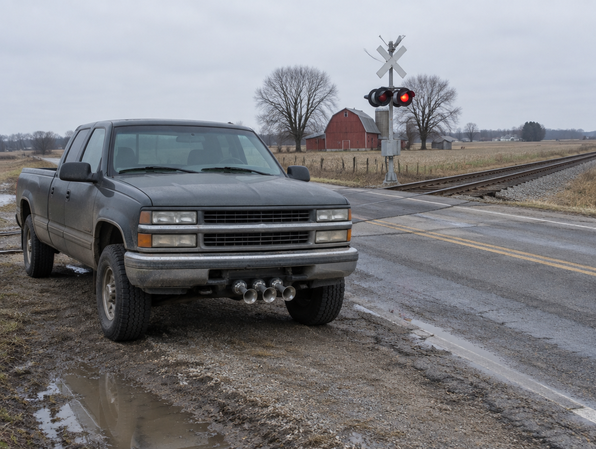 A dusty pickup with trumpet air horns parked on a gravel shoulder near a rural level crossing beside farmland.