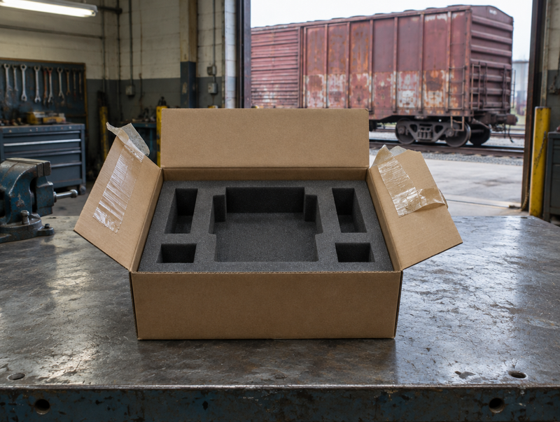 An opened box with an empty moulded foam insert on a depot workbench, boxcar through the door