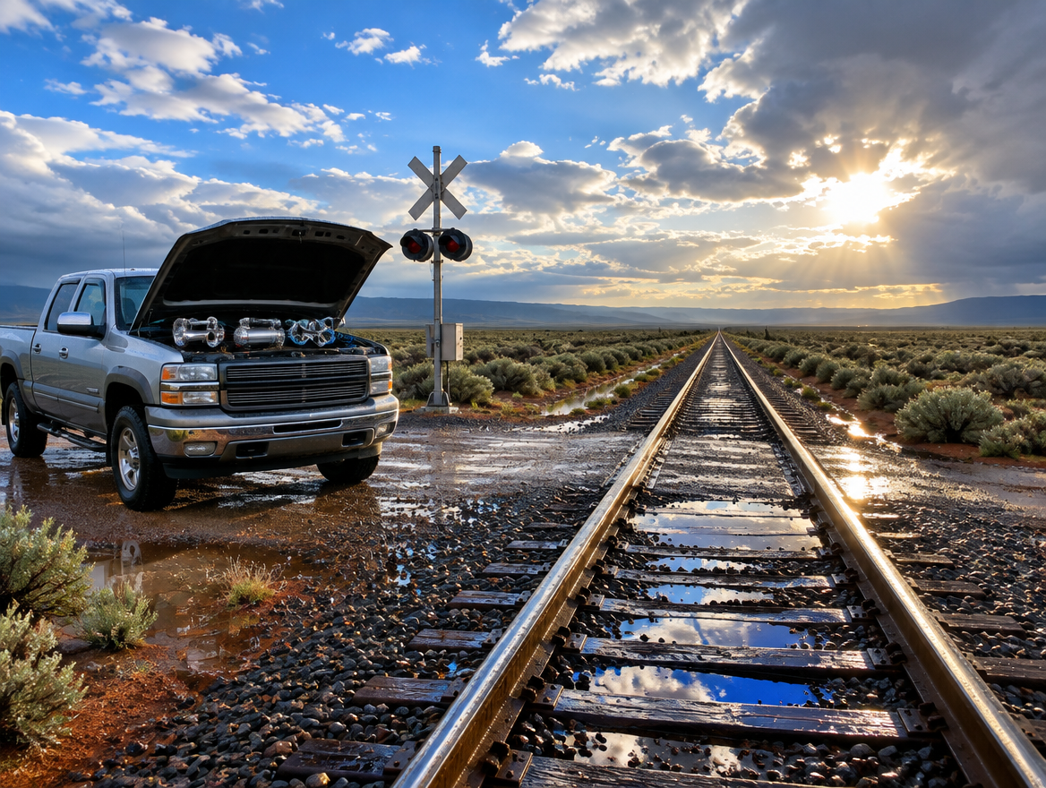 A pickup truck with a chrome train horn parked at a wet desert rail crossing as the sun breaks through after rain.