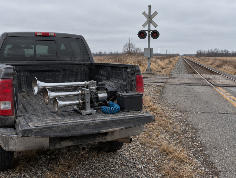 Pickup truck parked at a rural level crossing, with three chrome horns of different lengths on its lowered tailgate.