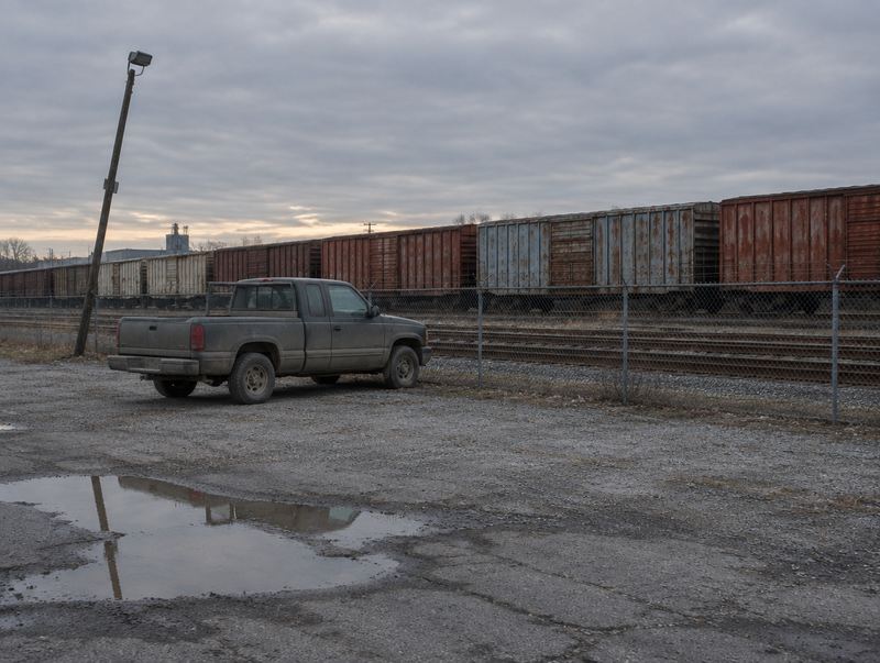 A lone pickup truck in a gravel lot beside a fenced rail yard lined with rusty freight boxcars on an overcast day.