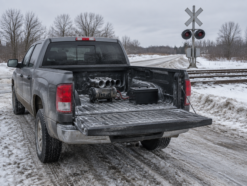 A pickup truck with a frosty horn unit and battery in its bed, parked by a snowy rural railroad crossing.