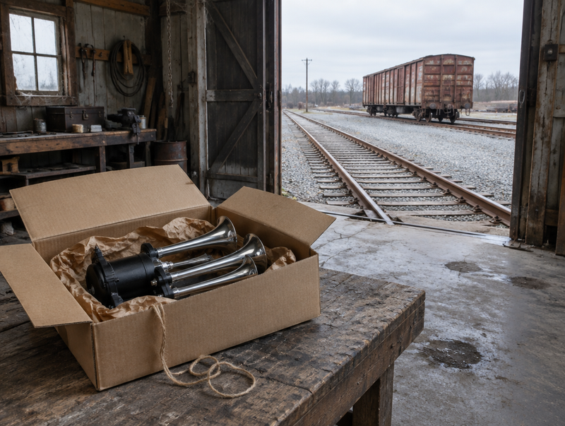 An opened gift box holding a chrome train horn on a dusty shed workbench, with rails and a boxcar visible outside.
