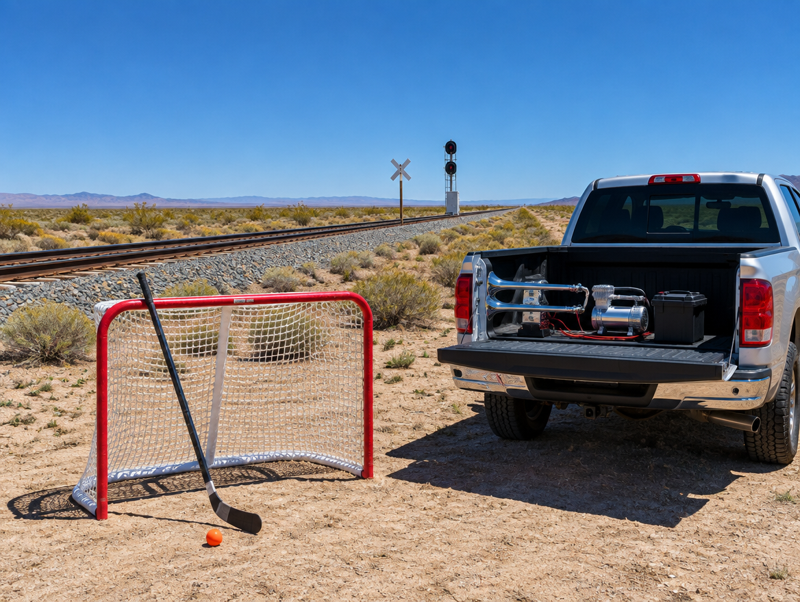 A chrome train horn kit on a pickup tailgate beside a street hockey goal near a desert railway line under blue sky.
