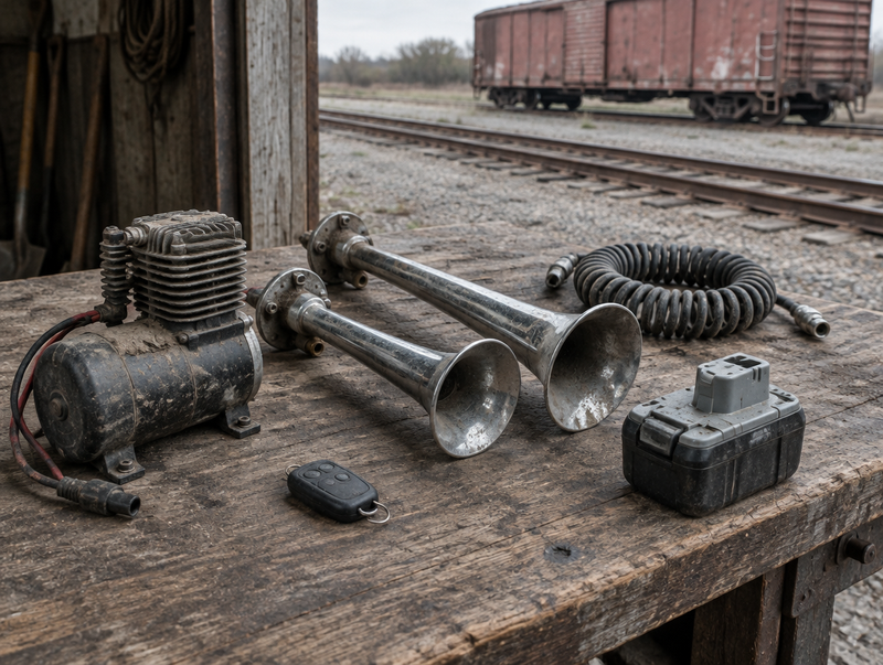 Worn train horn compressor, trumpets, remote and battery pack on a shed workbench with a freight boxcar on the track behind