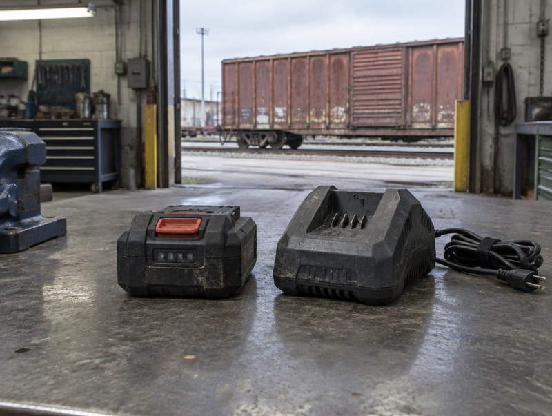 A battery pack with its fuel gauge dark beside a charger on a depot workbench, boxcar through the door
