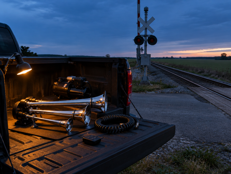 Train horn trumpets and parts on a pickup tailgate at a rural rail crossing at dusk, lit by a warm lamp.