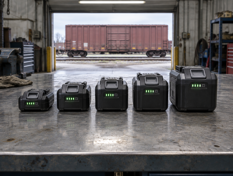Five battery packs lined up from smallest to largest on a depot workbench, boxcar through the door