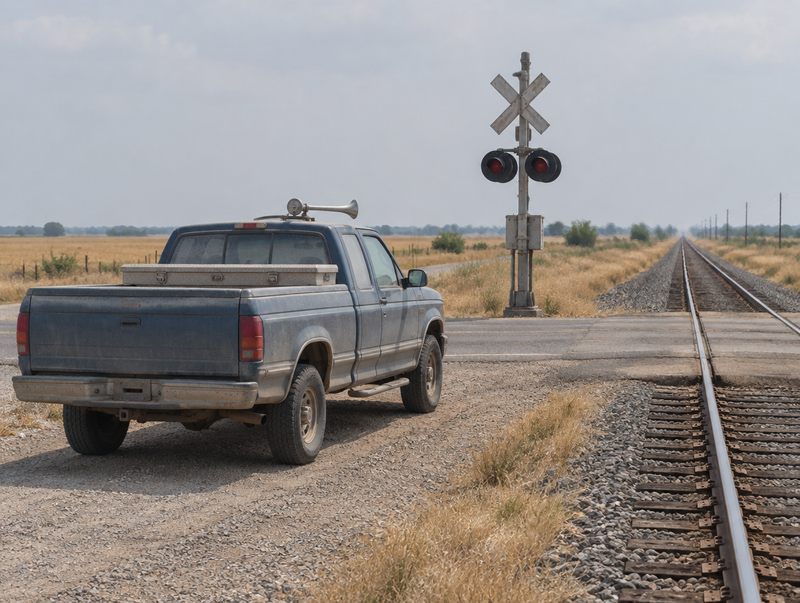 A dusty pickup truck with a roof-mounted air horn parked by a level crossing on a hazy, hot summer day.