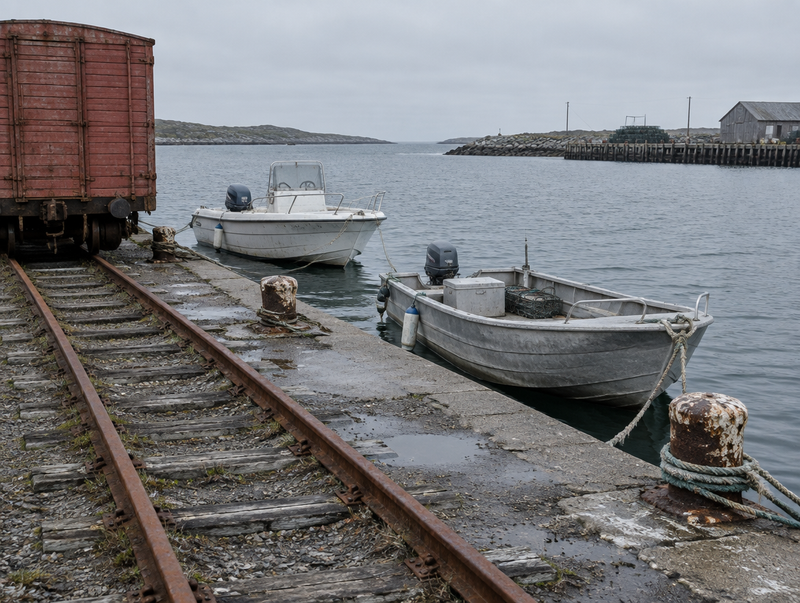 A small aluminium boat moored at a quay beside a rusty freight rail spur and a parked boxcar under an overcast sky.