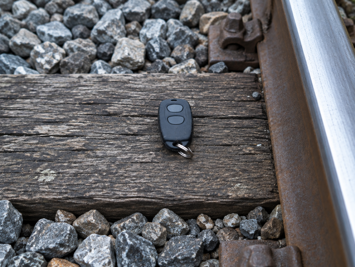 A small key-fob remote lying on a sleeper beside a polished rail