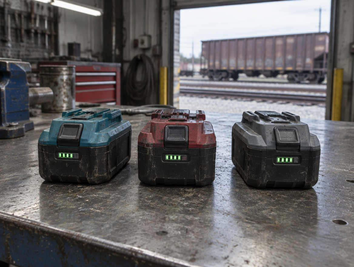 Three battery packs in teal, dark red and charcoal on a bench, rails through the open door