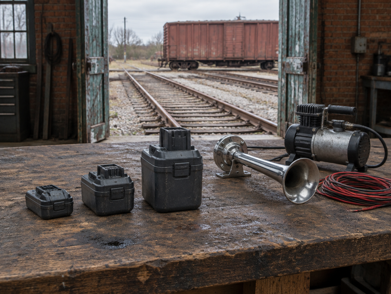 Three plain grey tool battery packs of increasing size on a shed workbench, railway track visible through the open doors.