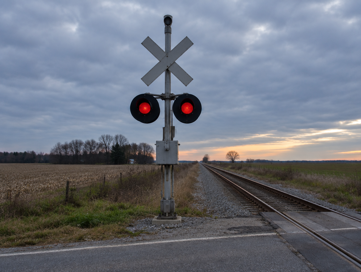 A rural railroad grade crossing at dusk with crossbuck and signal lights beside empty track