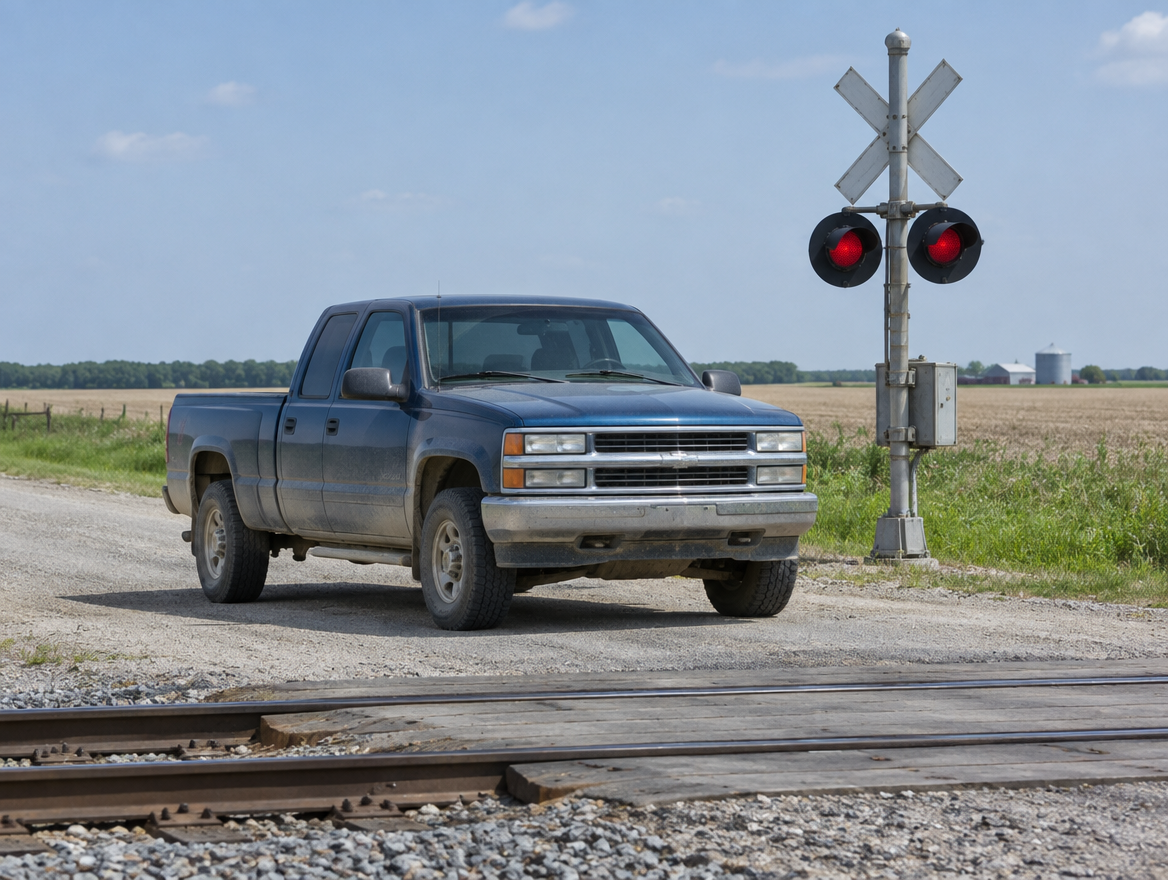 A pickup truck stopped at a rural railroad grade crossing, crossbuck and signal mast beside it
