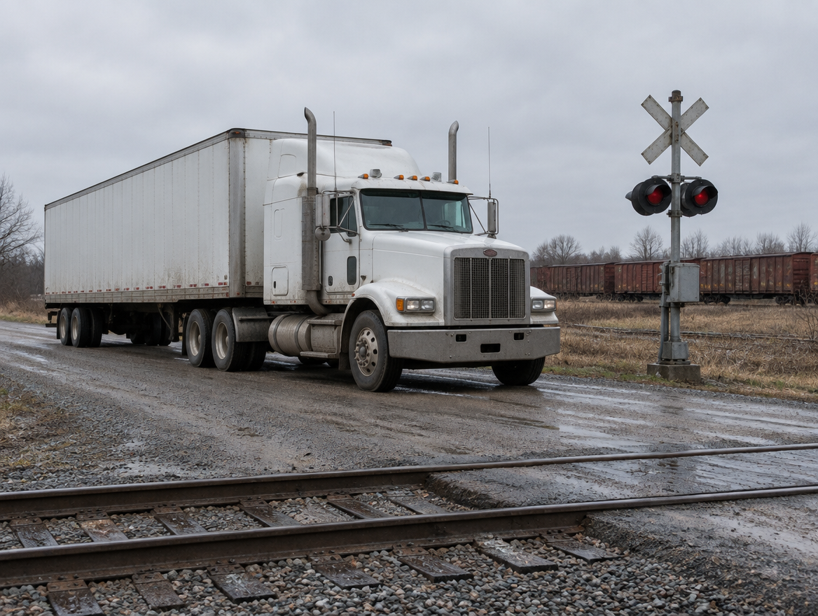 A white semi truck with a trailer waits at a rural level crossing with a crossbuck, a signal mast and freight cars behind.