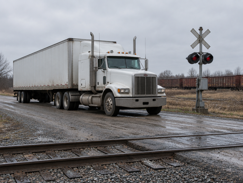 A white semi truck with a trailer waits at a rural level crossing with a crossbuck, a signal mast and freight cars behind.