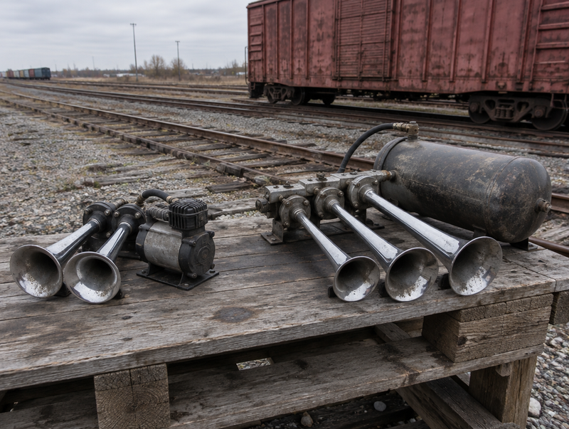 Two train horn kits, one with two trumpets and one with four, on a pallet bench beside rail yard tracks and a boxcar.