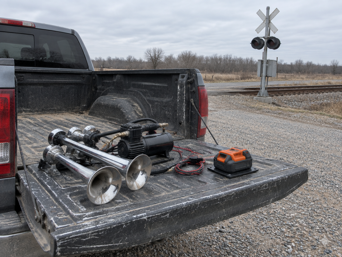Train horn parts and an orange-and-black cordless battery on a pickup tailgate beside a rural level crossing.