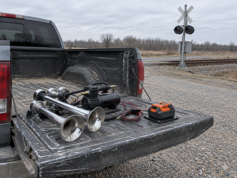 Train horn parts and an orange-and-black cordless battery on a pickup tailgate beside a rural level crossing.
