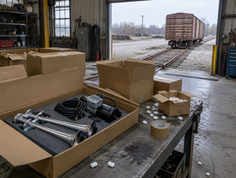 Opened boxes with a chrome train horn kit on a shed workbench, rails and a freight boxcar visible through the door.