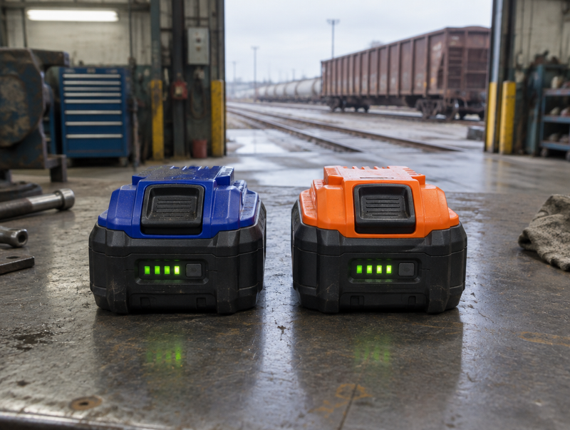 A blue-housed and an orange-housed battery pack side by side on a depot workbench