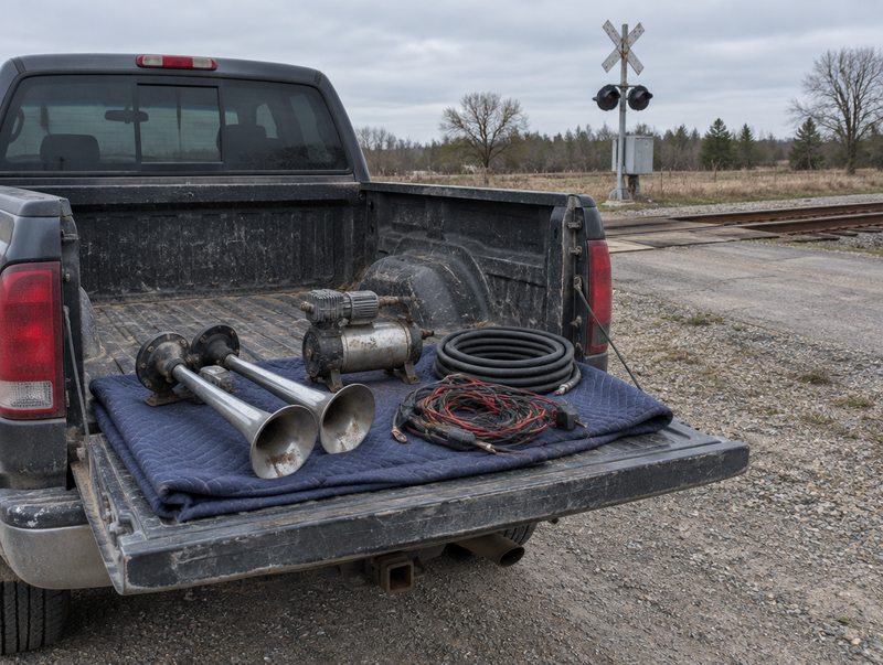 A used train horn kit on a blanket on a pickup tailgate, parked beside a rural level crossing on an overcast day.